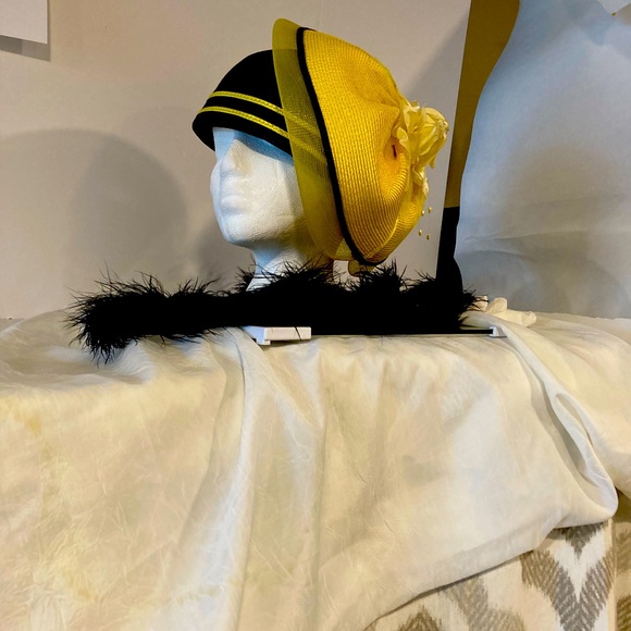 Midnight Navy Blue, + Yellow Asymmetrical Pillbox w/Yellow ribbon stripes, Hat - Picture 1 of 3